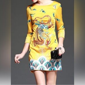 Yellow‎ Embroidery 3/4 Sleeve Mini Dress